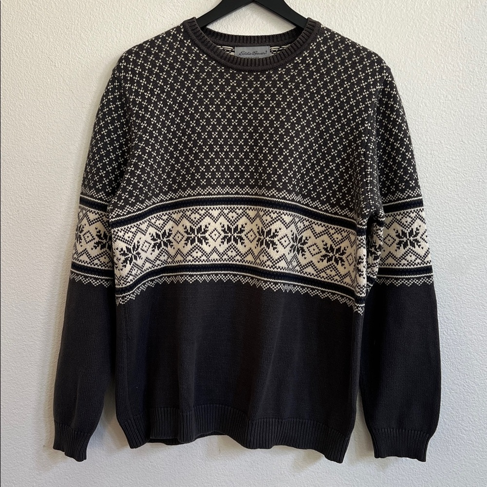 EDDIE BAUER Cotton Nordic Fair Isle Crewneck Pullover Sweater Grey/Cream Men's M